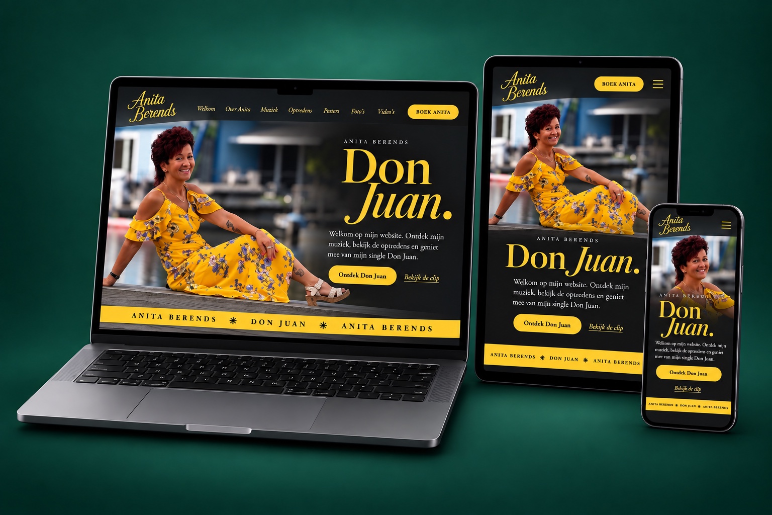 De website van Anita Berends op een laptop, iPad en mobiel, met haar Don Juan-foto en gele accenten in een diepgroene studio-opstelling