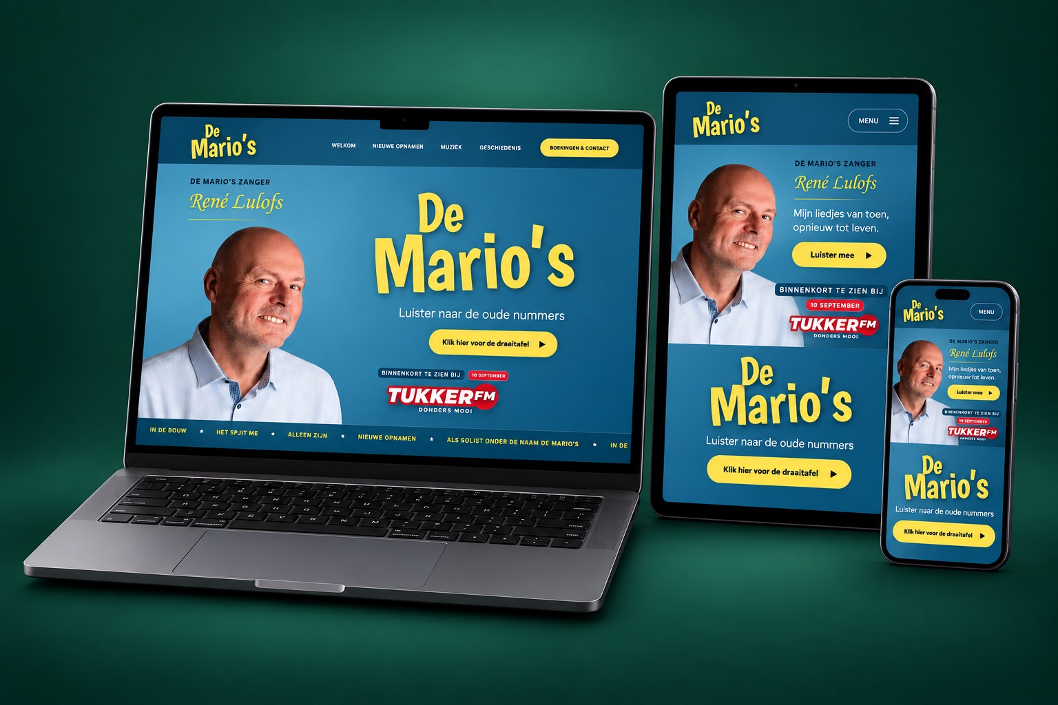 De website van De Mario’s op een laptop, iPad en mobiel in een diepgroene studio-opstelling